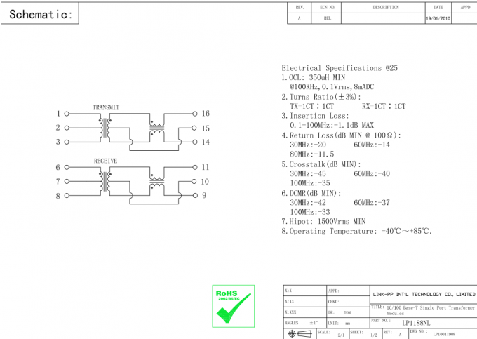 H1601CG Lan Magnetics LP1102NL 10 / 100Base-T Ethernet SMT Transformer