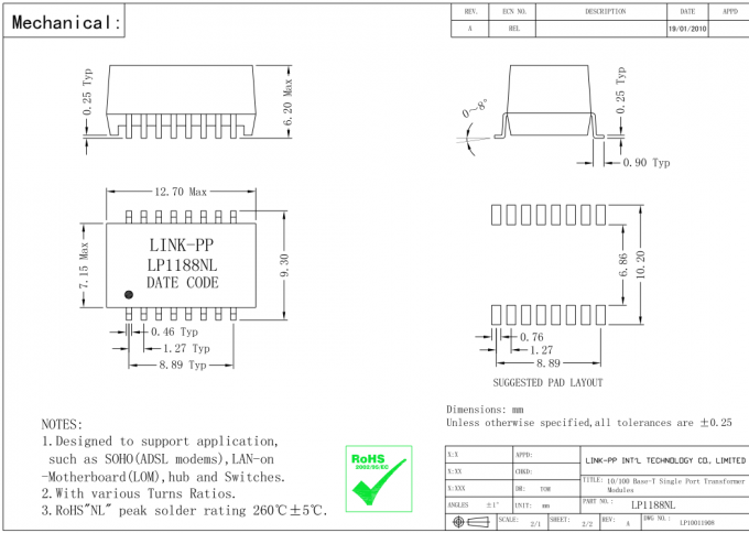 H1601CG Lan Magnetics LP1102NL 10 / 100Base-T Ethernet Trafo SMT