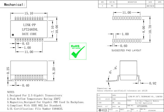 QT24A154P 2.5G Base-T PoE+ Modul Magnetik Lan LP72485NL