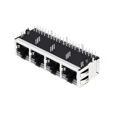 JT6-1480NL 10G Base-T Terlindung 1x4 Port Tab UP Rj45 Pcb Connector Sudut Kanan Dengan Led