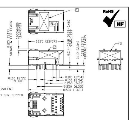 L8BJ-1K1T-KDE 2.5G Base-T Tab Bawah 1X1 Port Profil Rendah Konektor Magnetik RJ45 Dengan Led